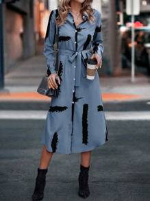SHEIN Clasi 筆刷圖案腰帶襯衫連衣裙 - 霧霾藍 - 查看 4
