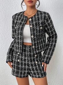 SHEIN Unity Plaid Print Button Front Jacket & Shorts - Black - View 5