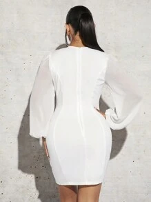 SHEIN SXY Double Button Lantern Sleeve Bodycon Dress new years eve outfit
party outfit 
sexy outfit - White - View 2