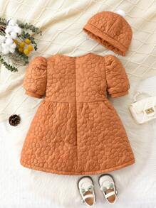 Rochie pentru fetiță cu mâneci bufante florale, cu pălărie - Maro - Vizualizare 2