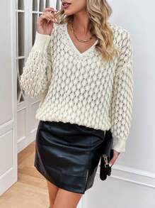 Chiquease Pointelle Knit Drop Shoulder Sweater Knit Pullover Fall Winter Outfit