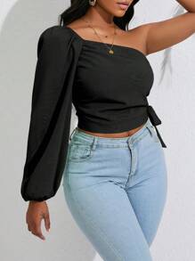 VaVaBold Tay áo lồng đèn một vai Nút ven Áo sơ mi Crop - màu đen - Xem 8