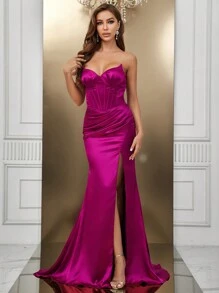 SHEIN Belle Split Thigh Tube Formal Dress - Red - View 8