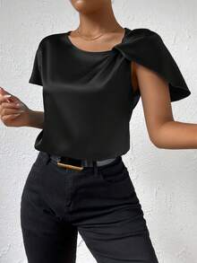 Solid Asymmetrical Neck Blouse - Black - View 4