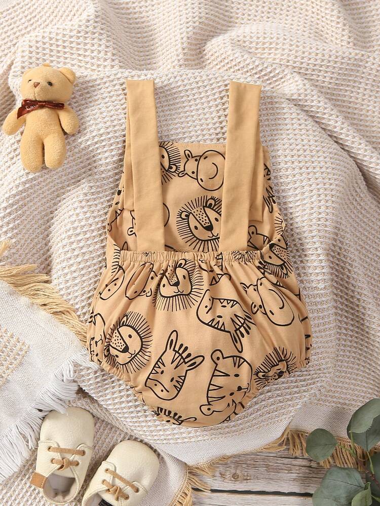 男婴夏季休闲卡通图案连体衣，带背带 - 杏色 - 查看 2