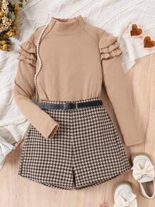 SHEIN Tween Girl Mock Neck Ruffle Trim Tee & Houndstooth Print Shorts - Multicolor - View 1