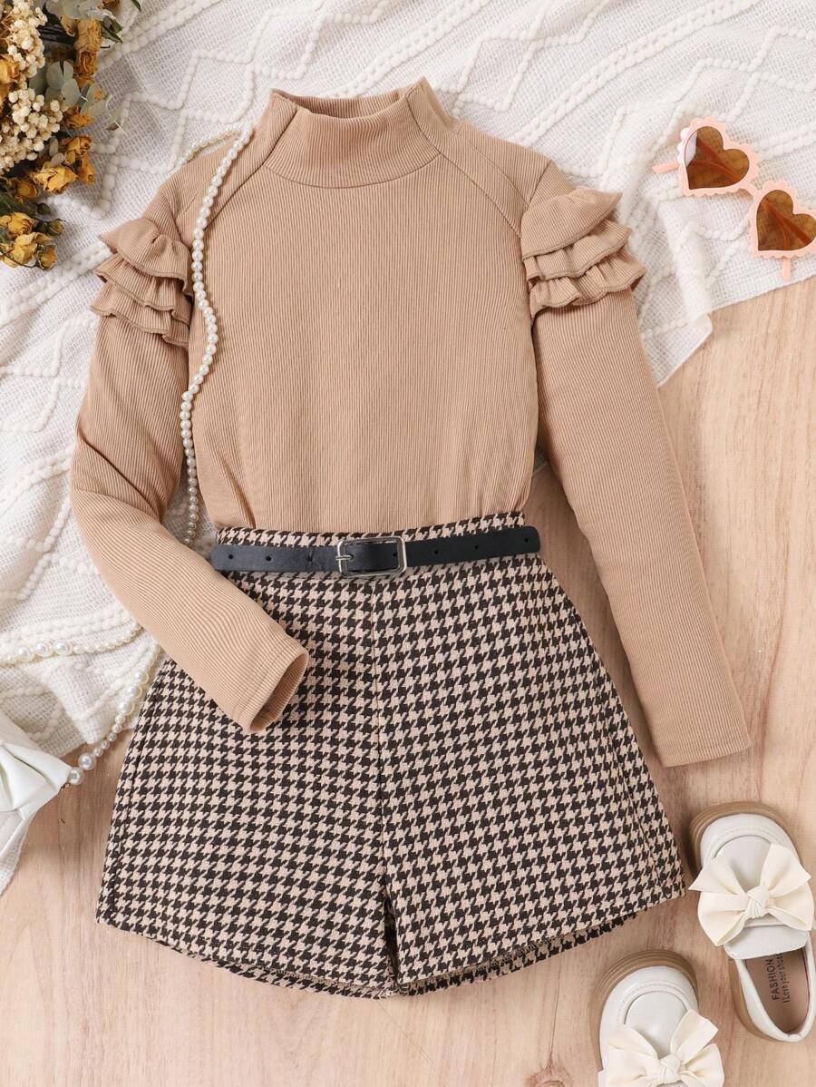 SHEIN Tween Girl Mock Neck Ruffle Trim Tee & Houndstooth Print Shorts - Multicolor - View 1
