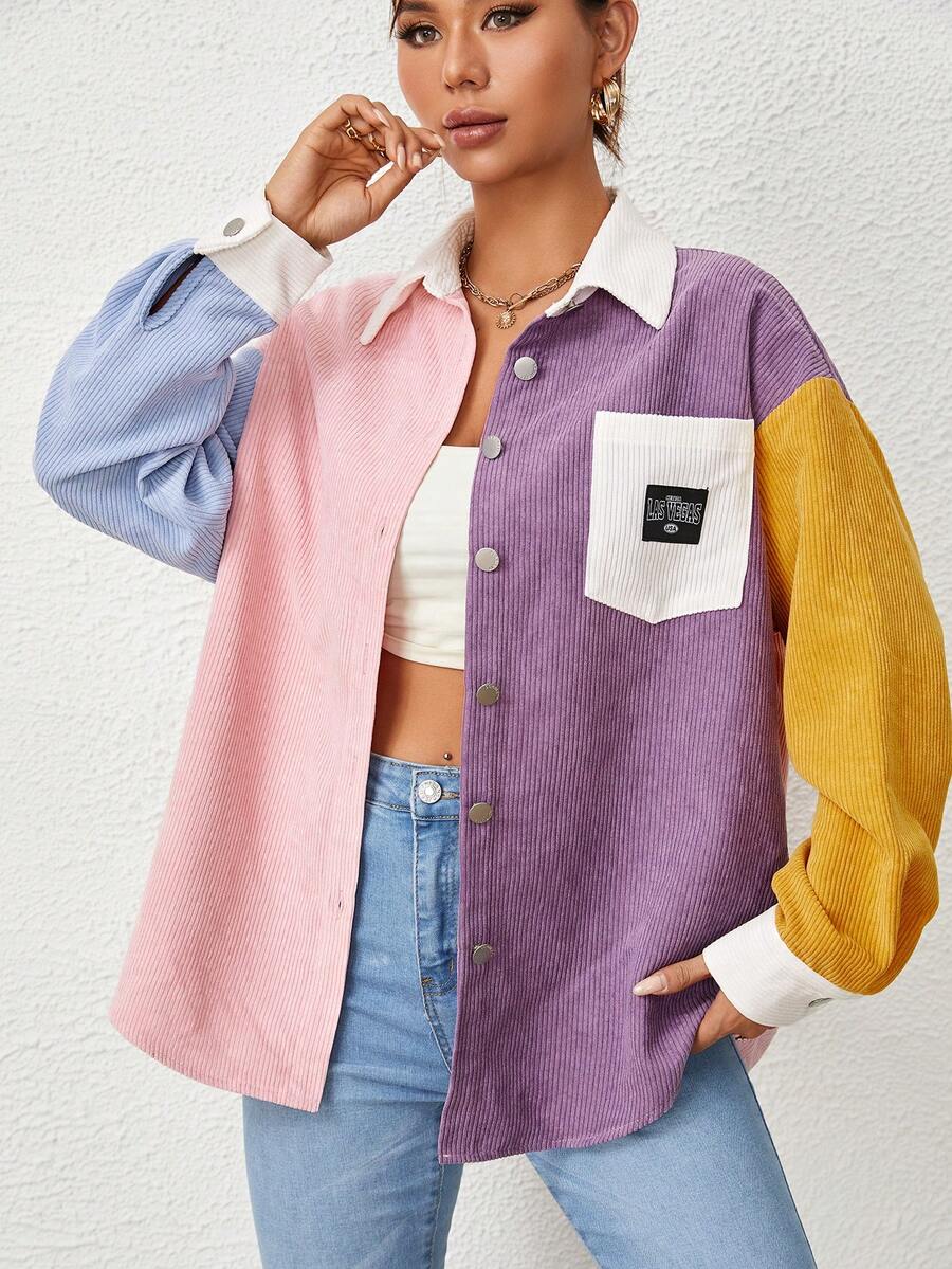 SHEIN EZwear 撞色字母補丁細節落肩袖燈芯絨大衣 - 彩色 - 查看 1