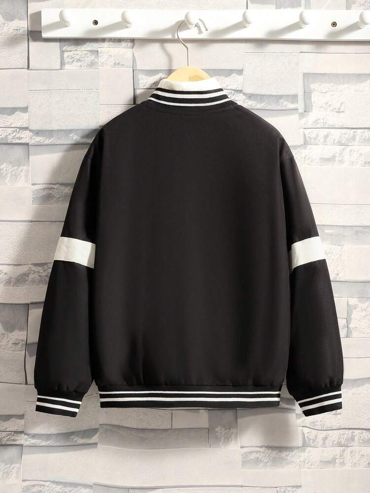 Tween Boy 1pc Letter Graphic Two Tone Thermal Lined Striped Trim Varsity Jacket