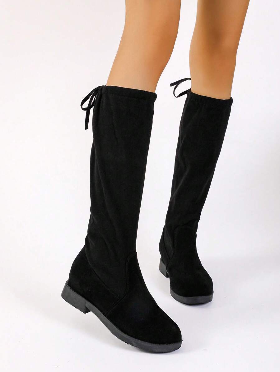 Black Knee-High Boots, Western Style, Small Fit, Chunky Heel, Suitable For Party And Street Wear, Autumn/Winter, Flat - Black - View 1
