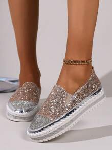女性金屬亮絲一腳蹬休閒平底鞋帶水鑽裝飾用品和撞色設計 - 金色 - 查看 6