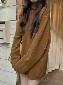 Solid High Neck Drop Shoulder Oversized Sweater