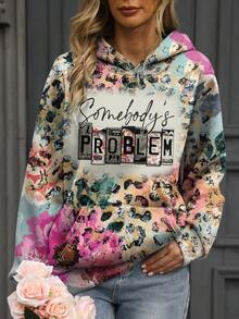 Leopard & Letter Graphic Kangaroo Pocket Hoodie,Long Sleeve Tops - Multicolor - View 3