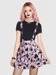 ROMWE Goth 滿版印花背帶百褶半身裙 - 粉色 - 查看 5