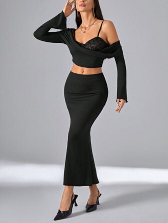 SHEIN Privé Asymmetrisk Nacke Korta Toppar & Sjöjungfru Fåll Kjol