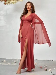 SHEIN Belle Áo choàng tay áo xẻ đùi cô dâu - Đỏ - Xem 6