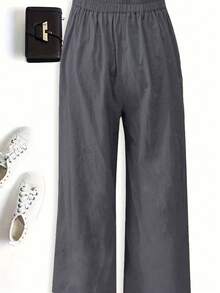 女士纯色优雅阔腿裤 春季休闲款 - 深灰色 - 查看 2