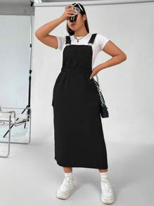 Flirla Plus Solid Overall Dress Without Tee - Black - View 3