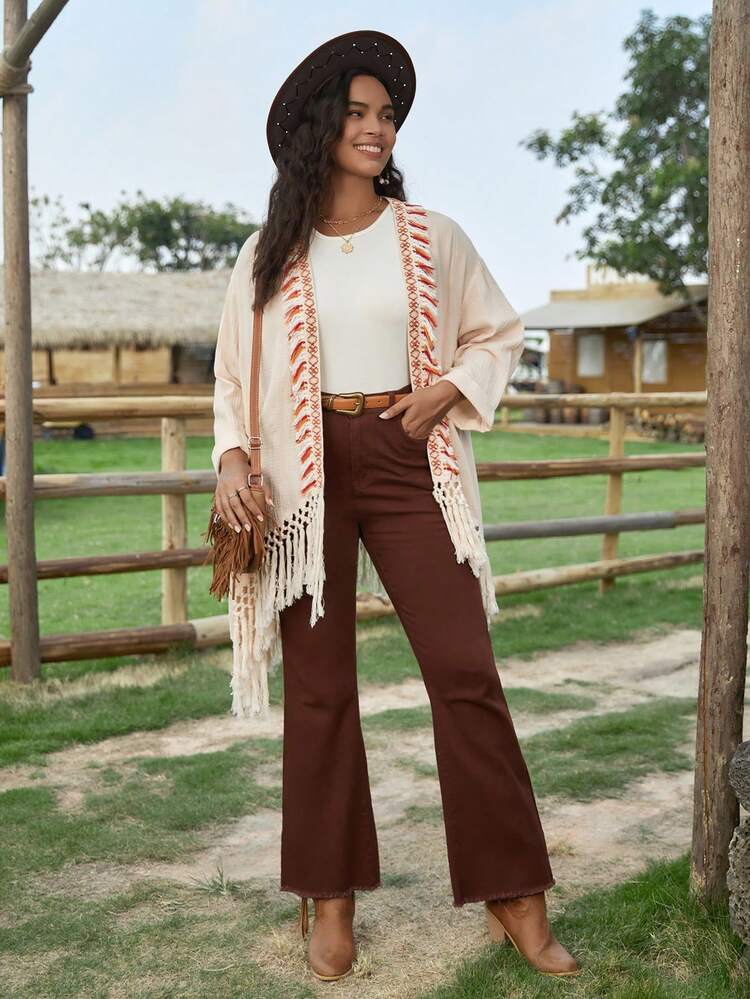 Plus Contrast Tape Fringe Trim Drop Sleeve Coat