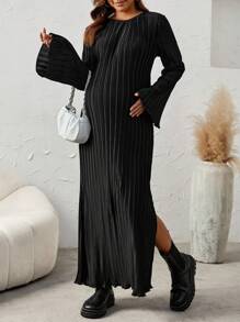 SHEIN Maternity Split Thigh Flare Sleeve Dress - Black - View 5