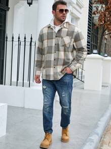 Manfinity Homme Loose Fit Men's Plus Size Plaid Printed Overcoat With Pocket, No Hood - Multicolor - View 4