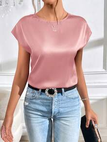 SHEIN Privé 水鑽鏈條扭結露背蝙蝠袖緞面襯衫 - 粉色 - 查看 2