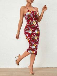 SHEIN Privé 印花露背交叉吊帶洋裝 - 酒紅色 - 查看 6