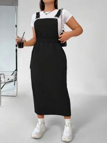 Flirla Plus Solid Overall Dress Without Tee - Black - View 1