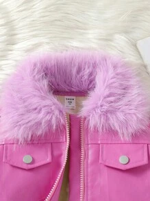 SHEIN Young Girl Fuzzy Trim Flap Detail PU Leather Jacket - Pink - View 7