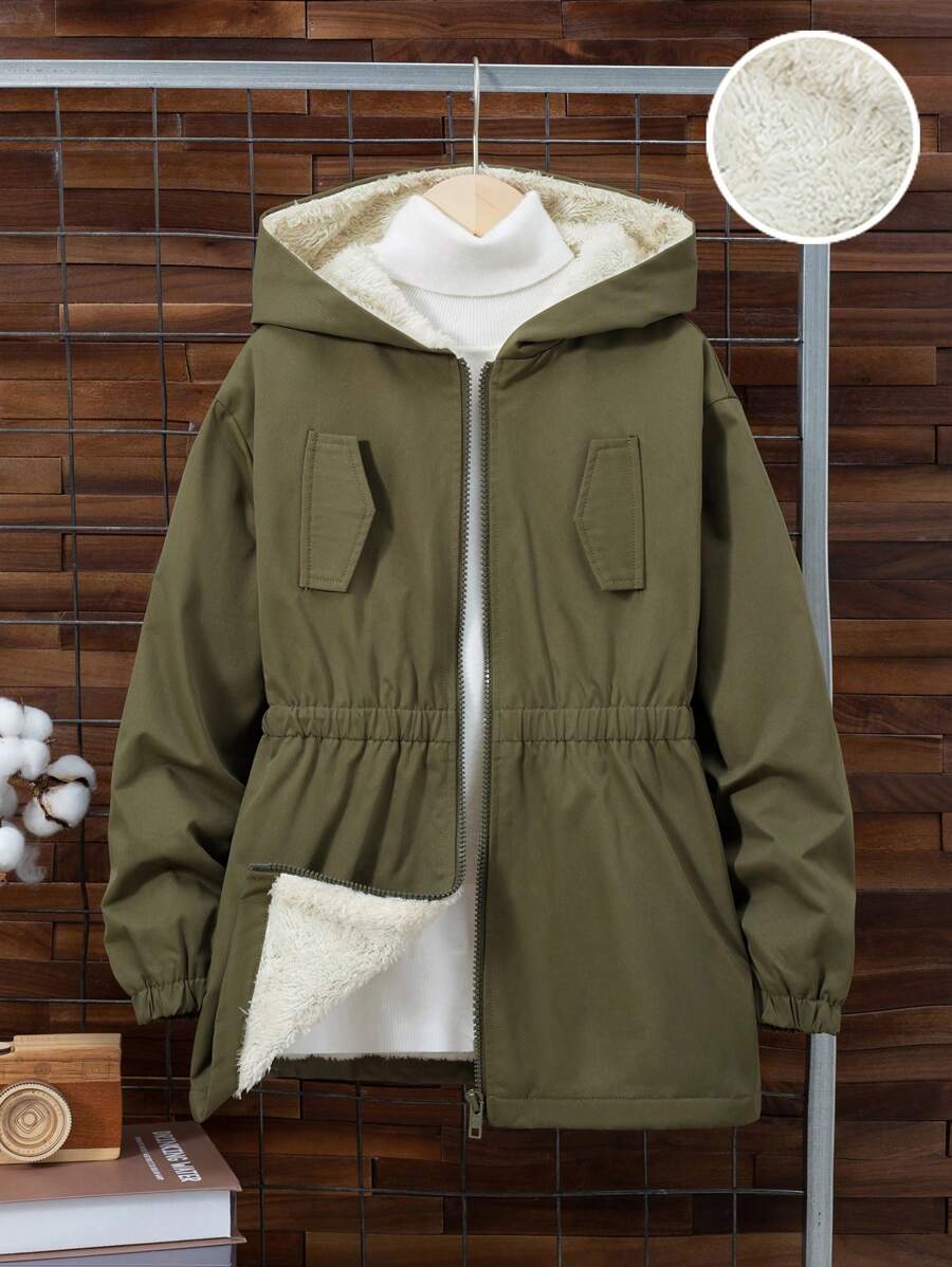 SHEIN Tween Boy 防水面料保暖内衬拉链闭合松紧腰带帽夹克，适合秋冬季 - 軍綠色 - 查看 1
