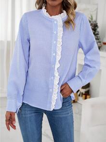 SHEIN Clasi In sọc Viền Ruffle Nút phía trước Áo sơ mi - Màu xanh lam - Xem 3