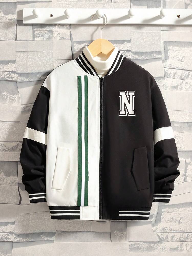 Tween Boy 1pc Letter Graphic Two Tone Thermal Lined Striped Trim Varsity Jacket