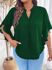 SHEIN Clasi Plus Notched Neckline Flare Sleeve Blouse - Dark Green - View 5