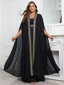 YISIKADO Plus Contrast Sequin Formal Dress With Cape - Black - View 1