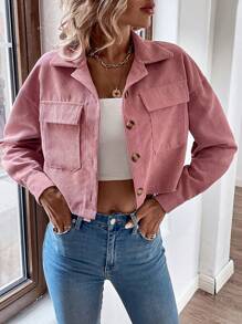 SHEIN Frenchy Túi có nắp Thả vai Vải to sợi Áo khoác - Hồng - Xem 5