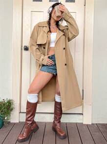 SHEIN EZwear 雙排釦腰帶風衣外套 - 卡其色 - 查看 1