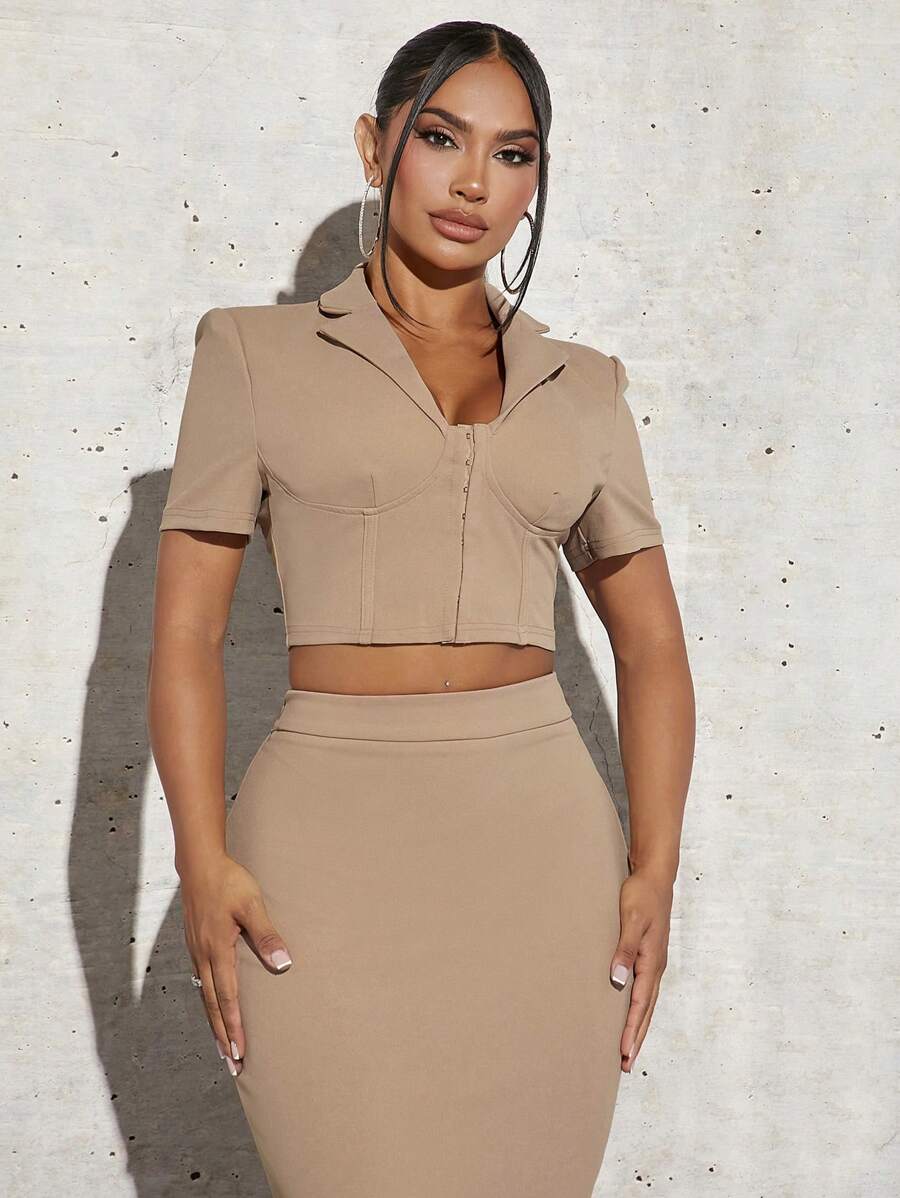 SHEIN SXY Lapel Neck Hook And Eye Front Crop Jacket new years eve outfit
party outfit 
sexy outfit - Apricot - View 1