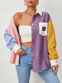 SHEIN EZwear 撞色字母補丁細節落肩袖燈芯絨大衣 - 彩色 - 查看 4