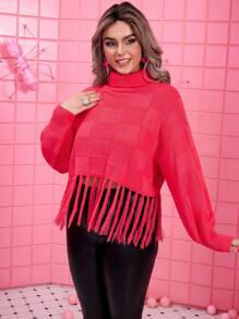 Calvaya Plus Turtleneck Fringe Hem Drop Shoulder Sweater Knit Pullover Fall Winter Sweater - Hot Pink - View 6