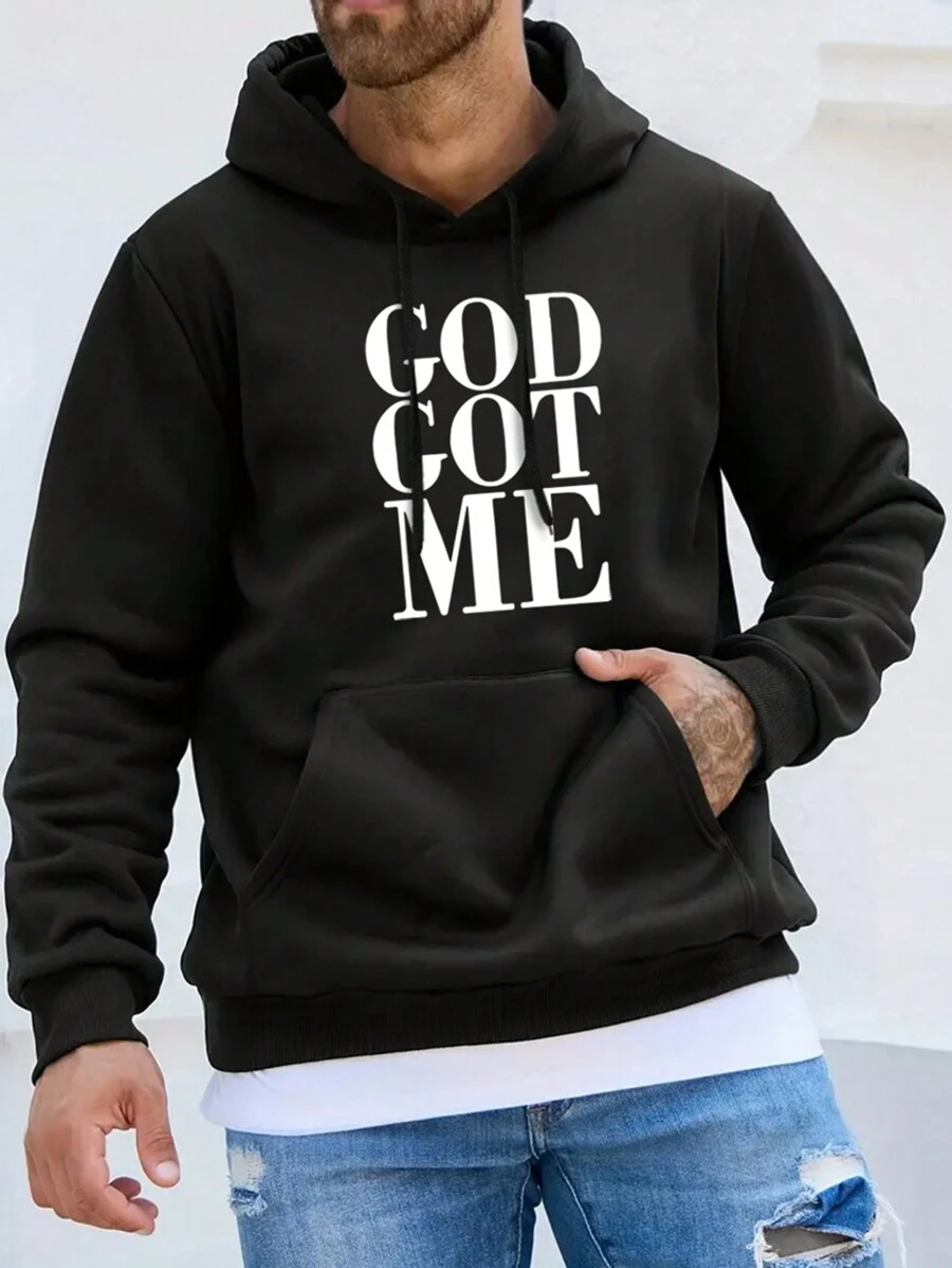 Manfinity Homme Men Plus Letter Graphic Kangaroo Pocket Drawstring Hoodie - Black - View 1