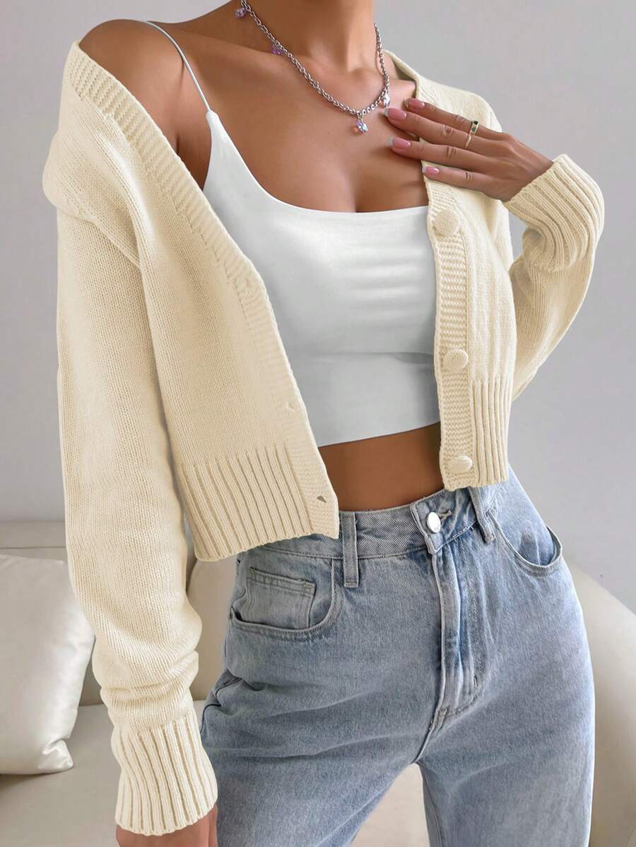 SHEIN Unity Cárdigan crop unicolor con botón delantero - Albaricoque - Ver 1