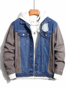 Manfinity Homme 男士鬆身色塊撕裂牛仔夾克,帶有插口口袋（無帽） - 中等水洗藍 - 查看 1