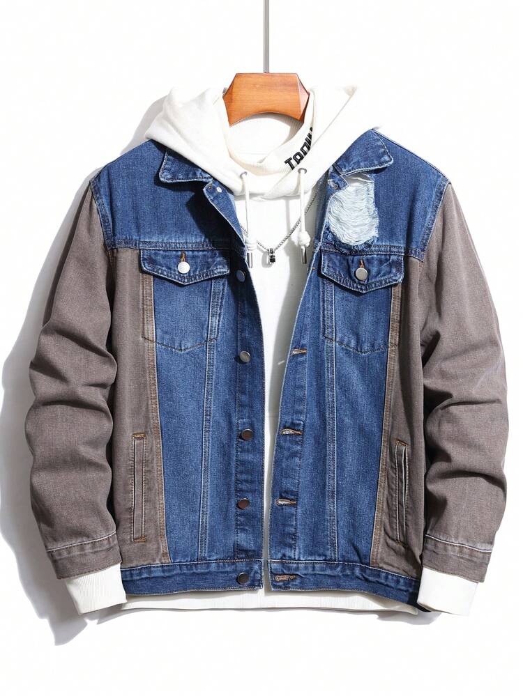 Loose Fit Men's Color Block Ripped Denim Jacket With Flap Pockets (No Hood)