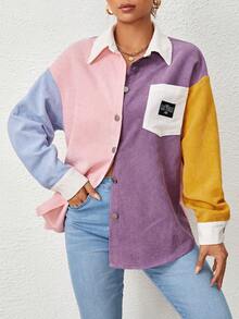 SHEIN EZwear 撞色字母補丁細節落肩袖燈芯絨大衣 - 彩色 - 查看 6