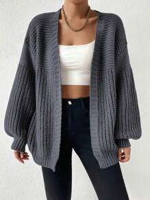 EMERY ROSE Drop Shoulder Casual Design Cardigan,Long Sleeve Tops Fall Winter Cloth For Women - Grey - View 4