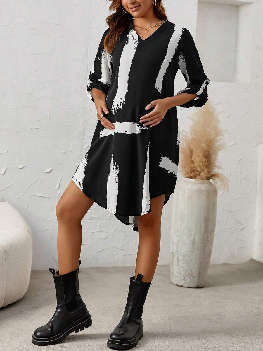 SHEIN Thai sản In Bàn chải Curved Hem Đầm - Nhiều màu - Xem 1