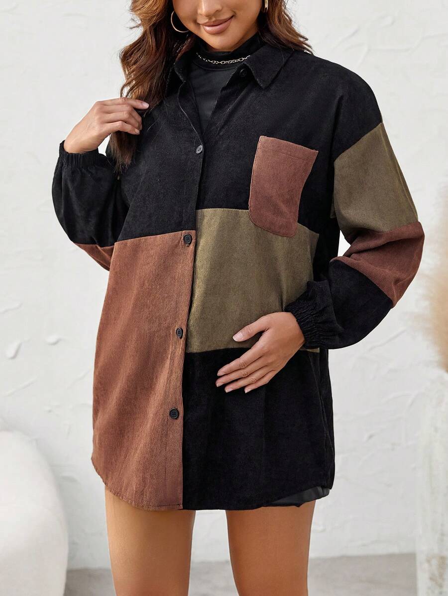 SHEIN Maternity Color Block Drop Shoulder Corduroy Coat - Black - View 1