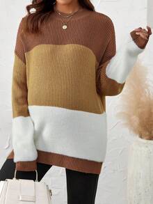 SHEIN 孕婦撞色落肩袖套頭毛衣 - 彩色 - 查看 5