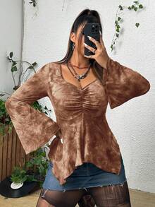 PUNK 大碼紮染褶邊不對稱下擺T恤 - 棕色 - 查看 3