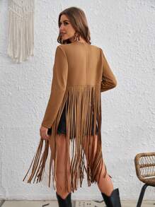SHEIN VCAY Open Front Fringe Hem Coat - Camel - View 2
